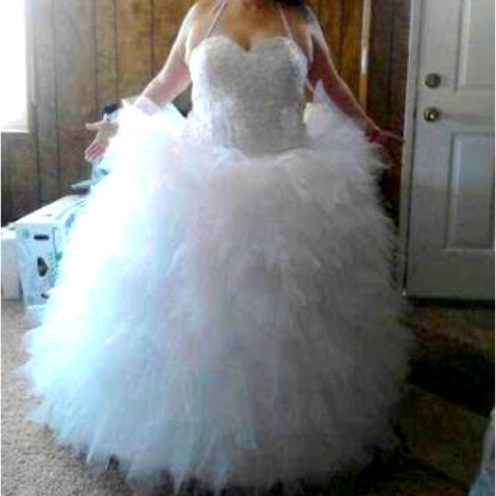 Wedding gown, satin and tulle, halter strap, size 18